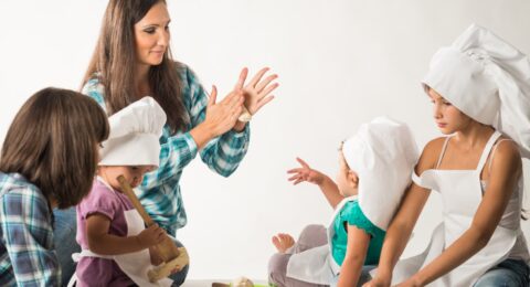 Charming young mother shows a master class